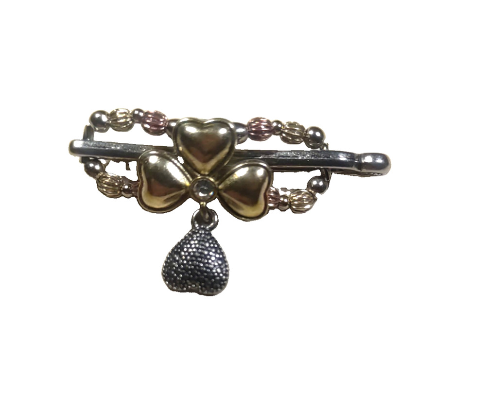 Rose Small Hair Barrette Silver Tone Four Leaf Clover Heart Dangle Child
